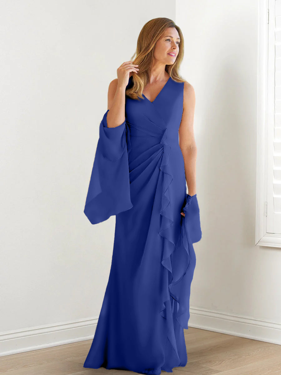 V Neck Sleeveless Long Mother of the Bride Gown with Wraps & Ruffles