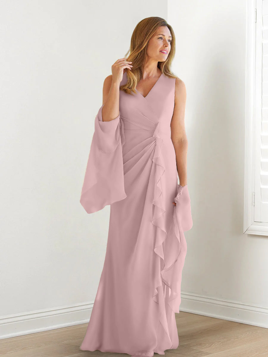 V Neck Sleeveless Long Mother of the Bride Gown with Wraps & Ruffles
