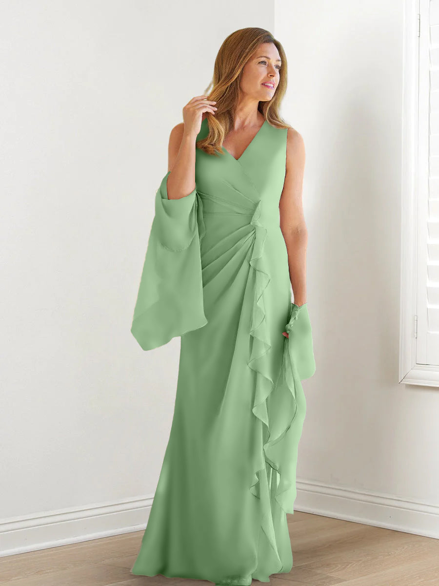 V Neck Sleeveless Long Mother of the Bride Gown with Wraps & Ruffles