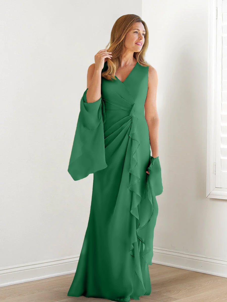 V Neck Sleeveless Long Mother of the Bride Gown with Wraps & Ruffles