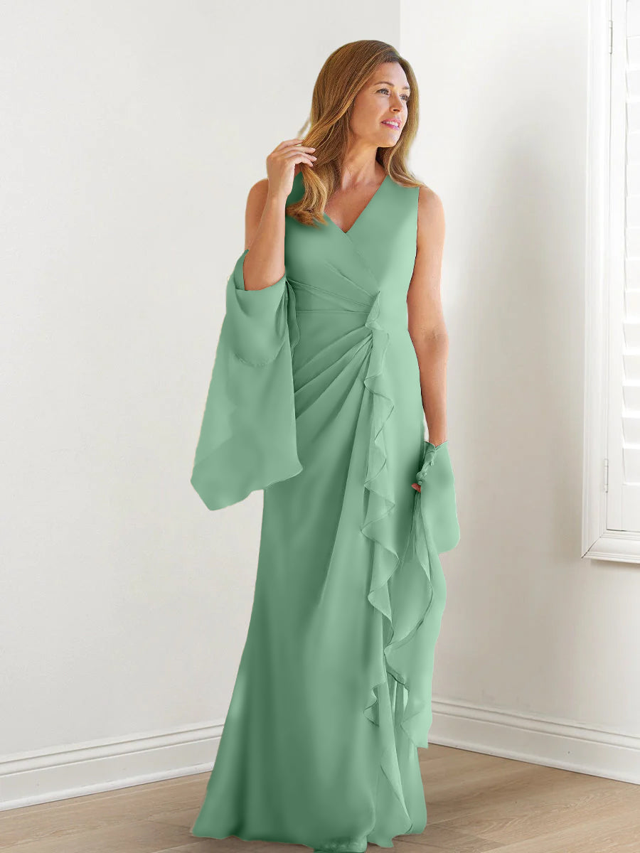 V Neck Sleeveless Long Mother of the Bride Gown with Wraps & Ruffles