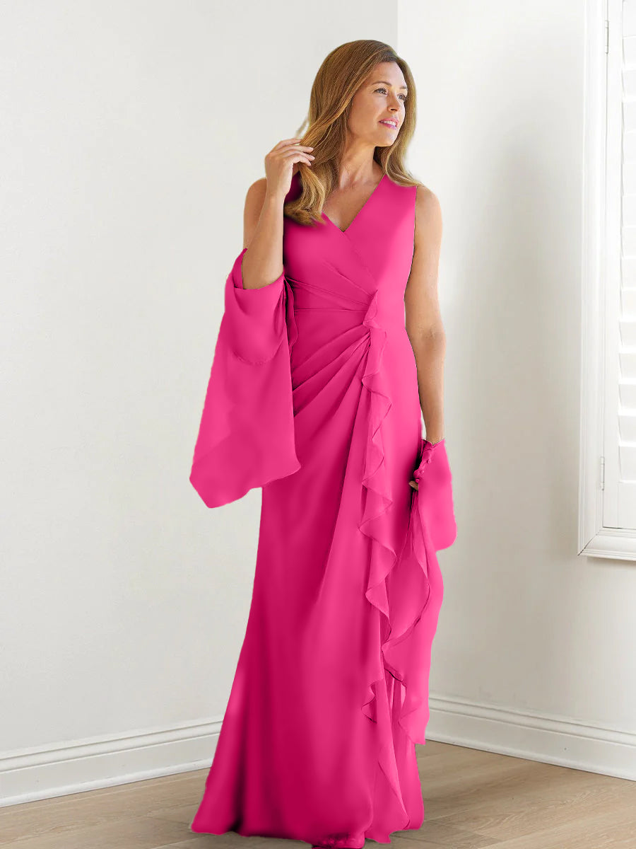 V Neck Sleeveless Long Mother of the Bride Gown with Wraps & Ruffles