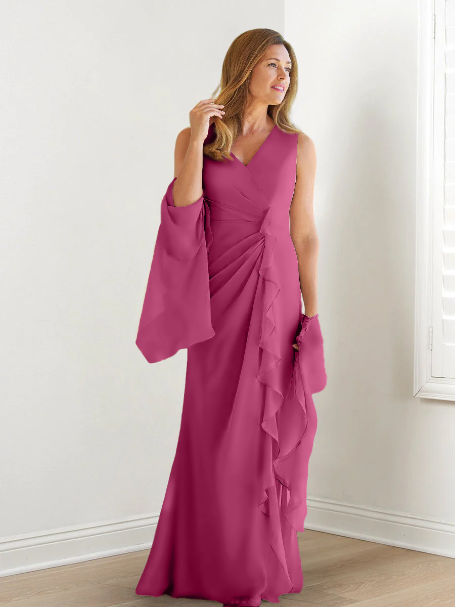 V Neck Sleeveless Long Mother of the Bride Gown with Wraps & Ruffles