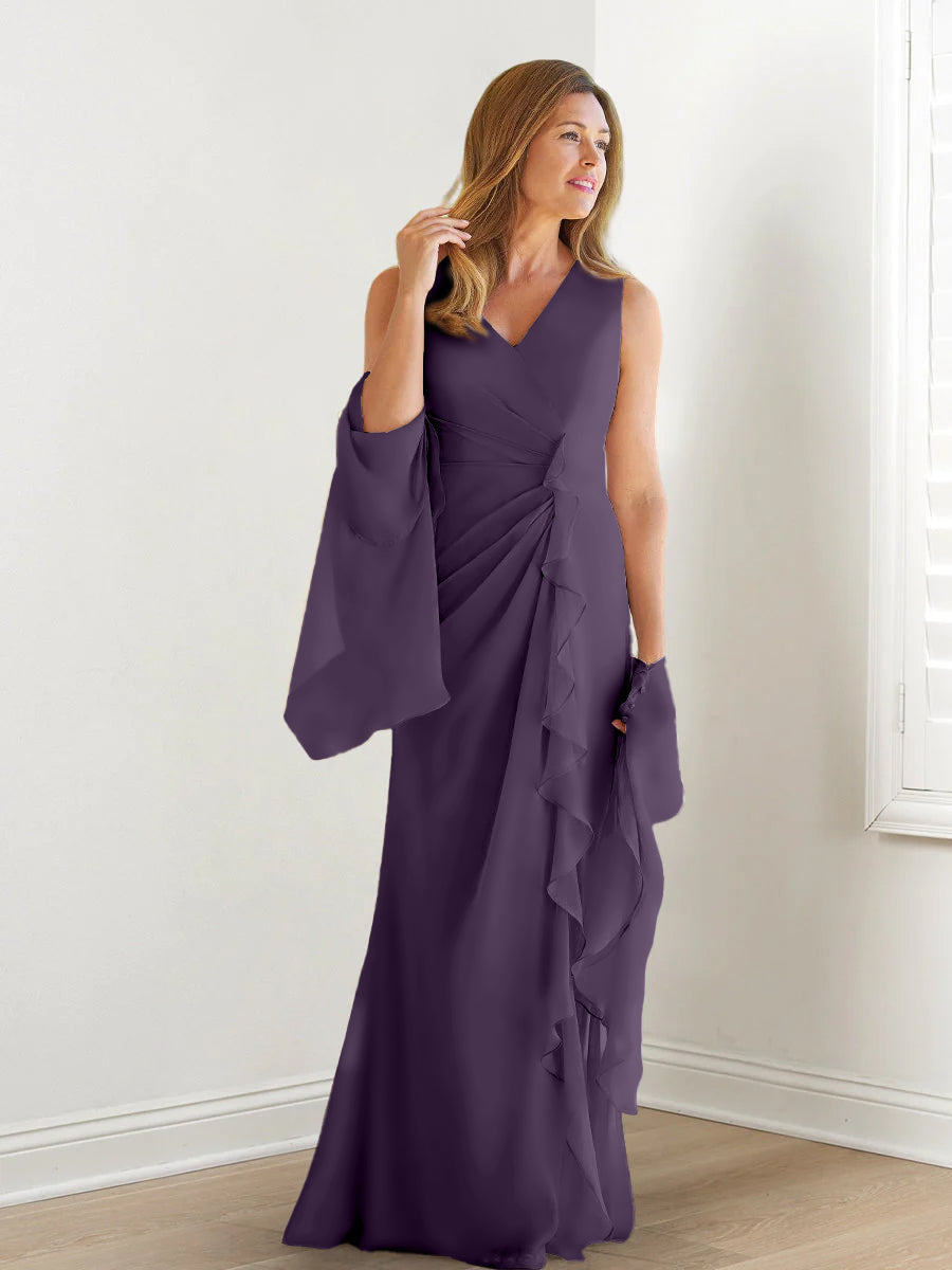 V Neck Sleeveless Long Mother of the Bride Gown with Wraps & Ruffles