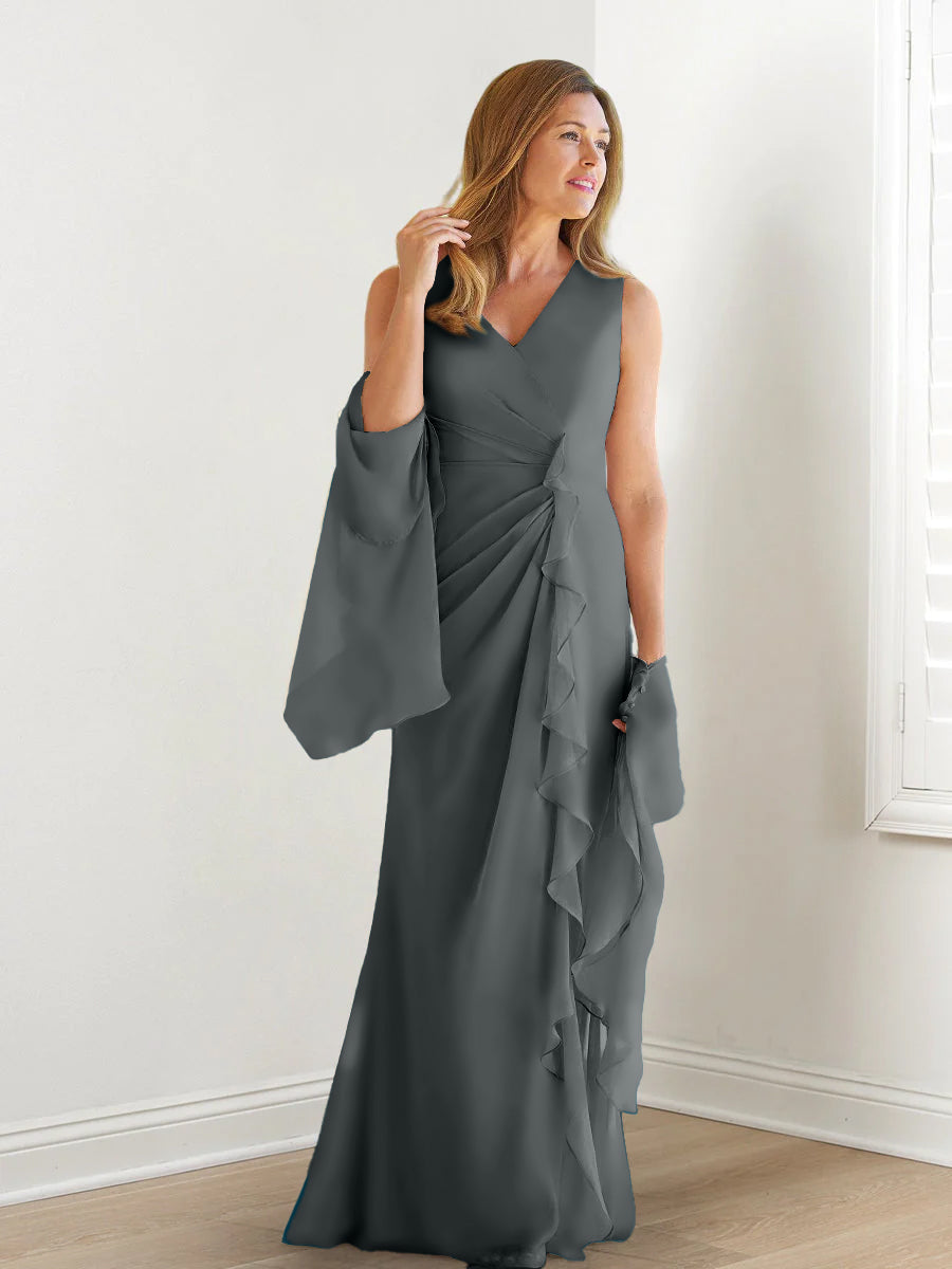 V Neck Sleeveless Long Mother of the Bride Gown with Wraps & Ruffles