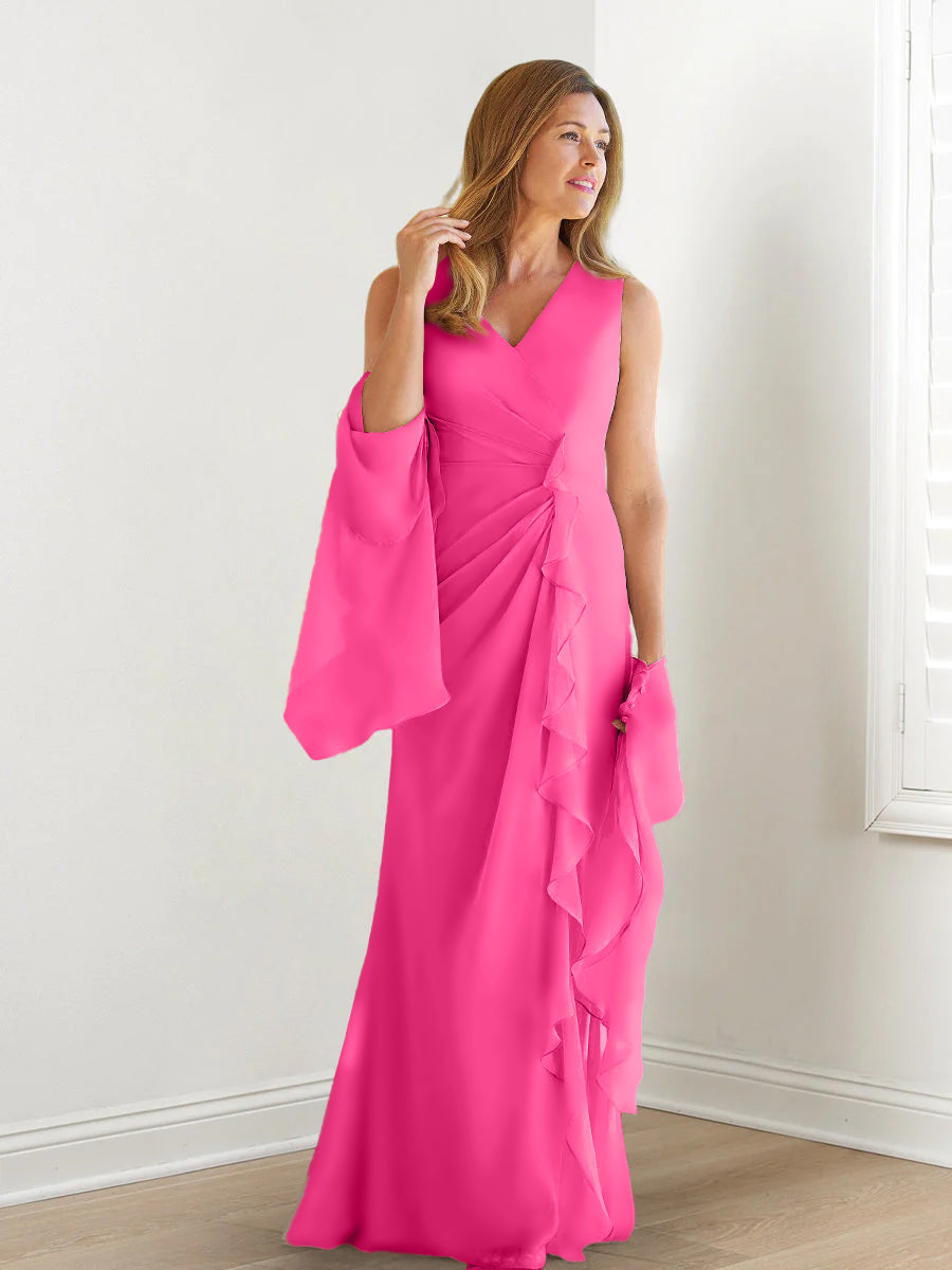 V Neck Sleeveless Long Mother of the Bride Gown with Wraps & Ruffles