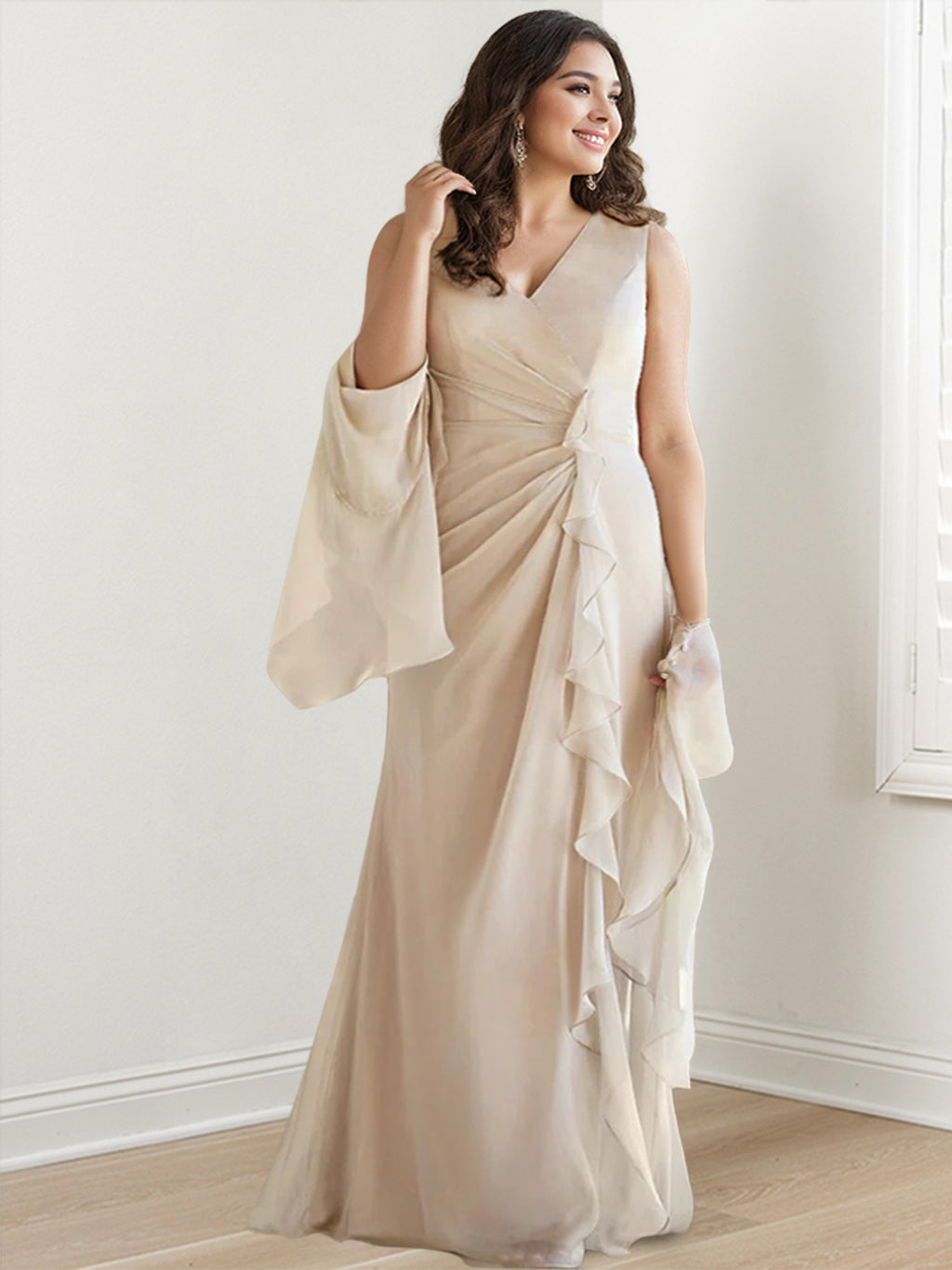 V Neck Sleeveless Long Mother of the Bride Gown with Wraps & Ruffles
