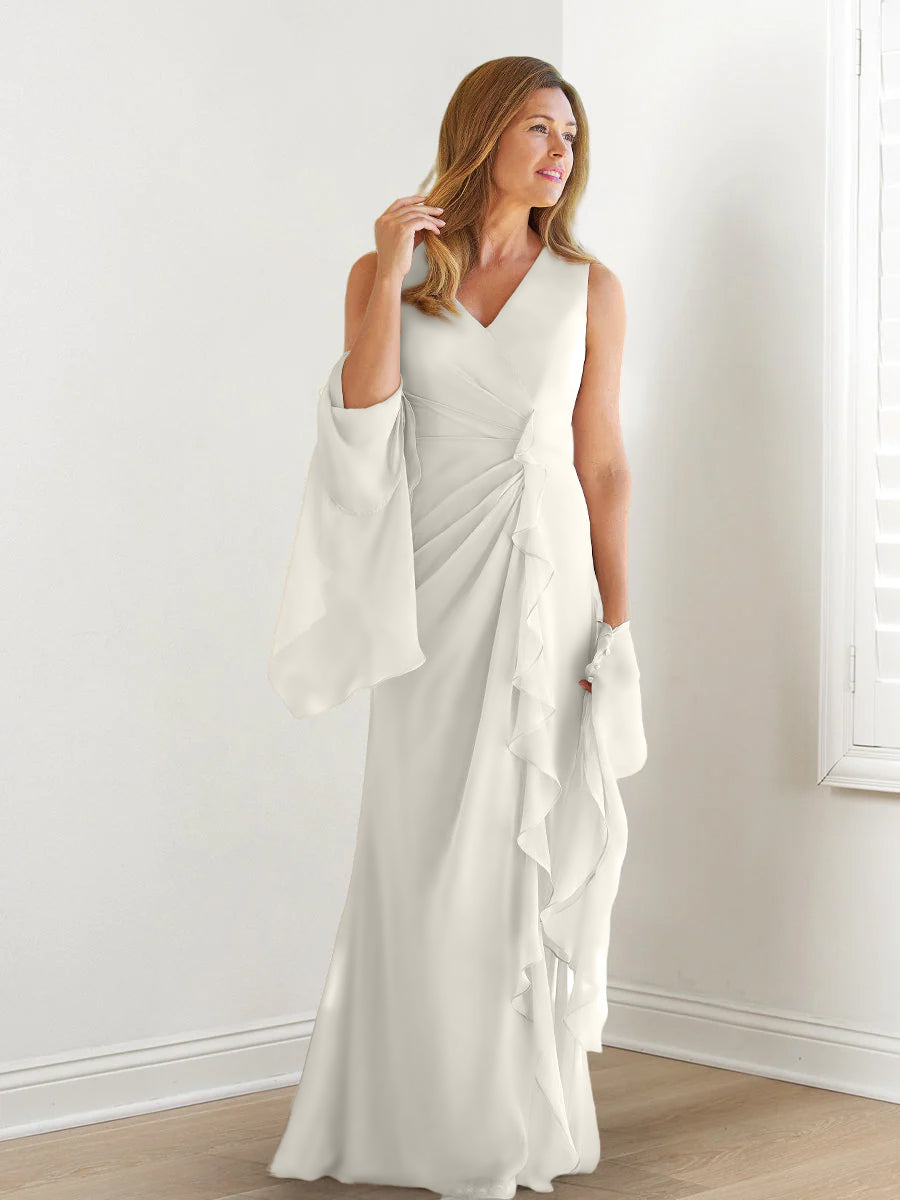V Neck Sleeveless Long Mother of the Bride Gown with Wraps & Ruffles