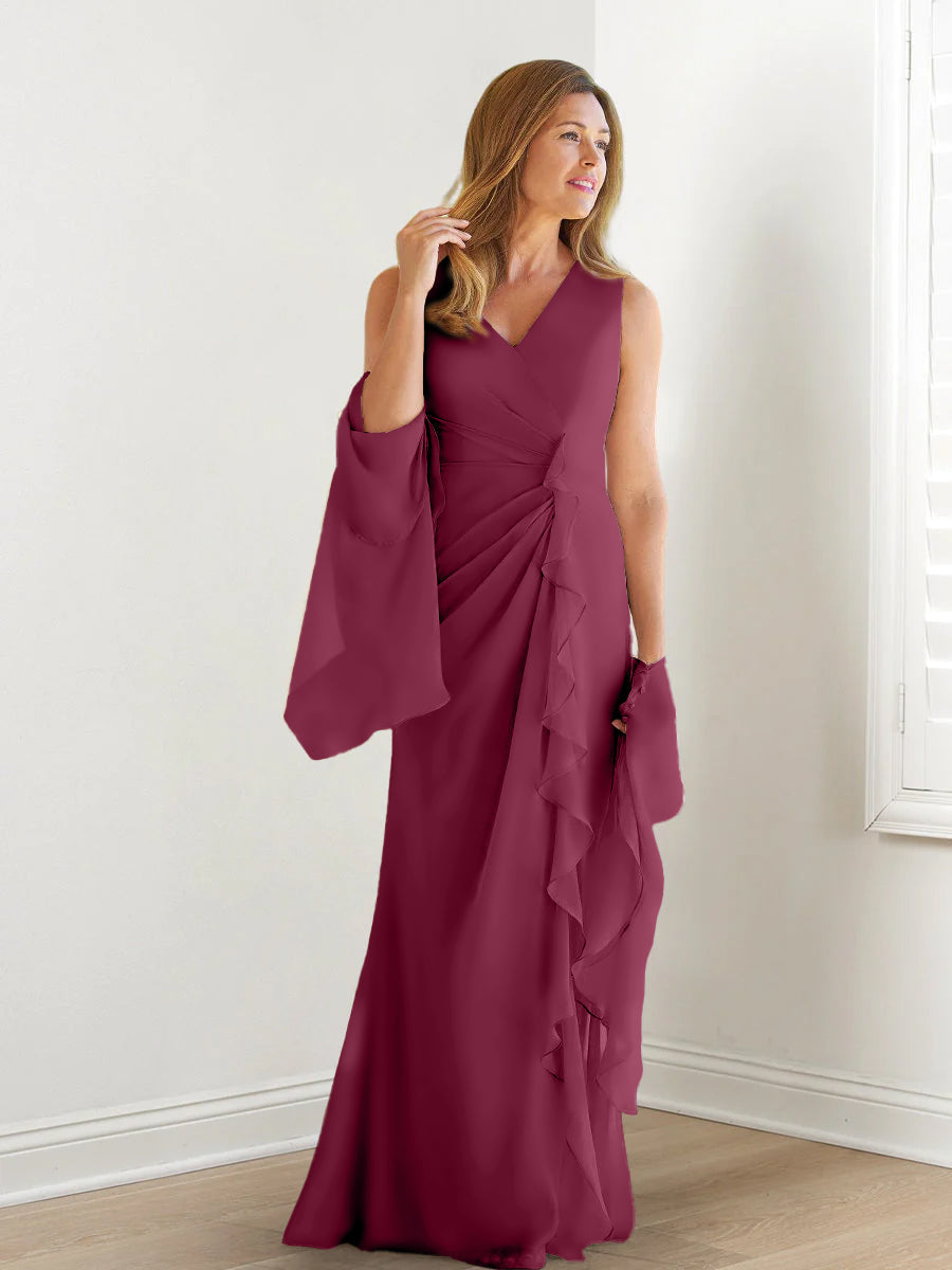 V Neck Sleeveless Long Mother of the Bride Gown with Wraps & Ruffles