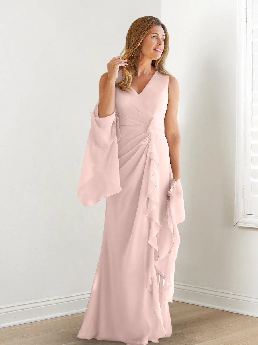 V Neck Sleeveless Long Mother of the Bride Gown with Wraps & Ruffles