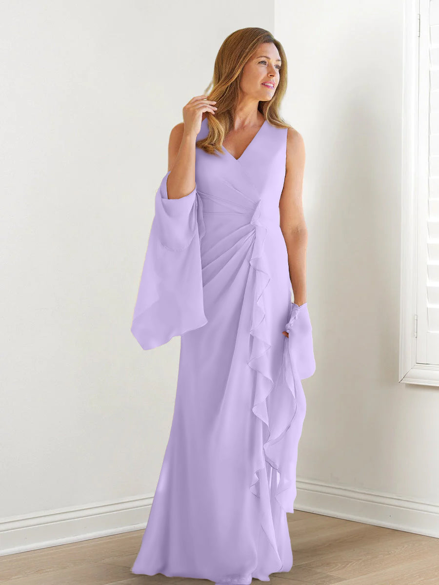 V Neck Sleeveless Long Mother of the Bride Gown with Wraps & Ruffles