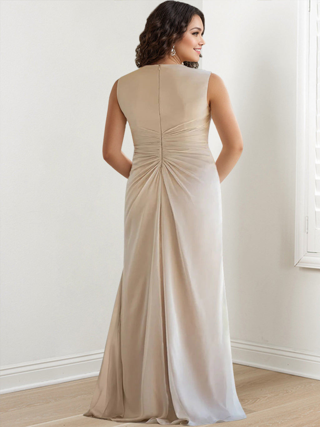 V Neck Sleeveless Long Mother of the Bride Gown with Wraps & Ruffles