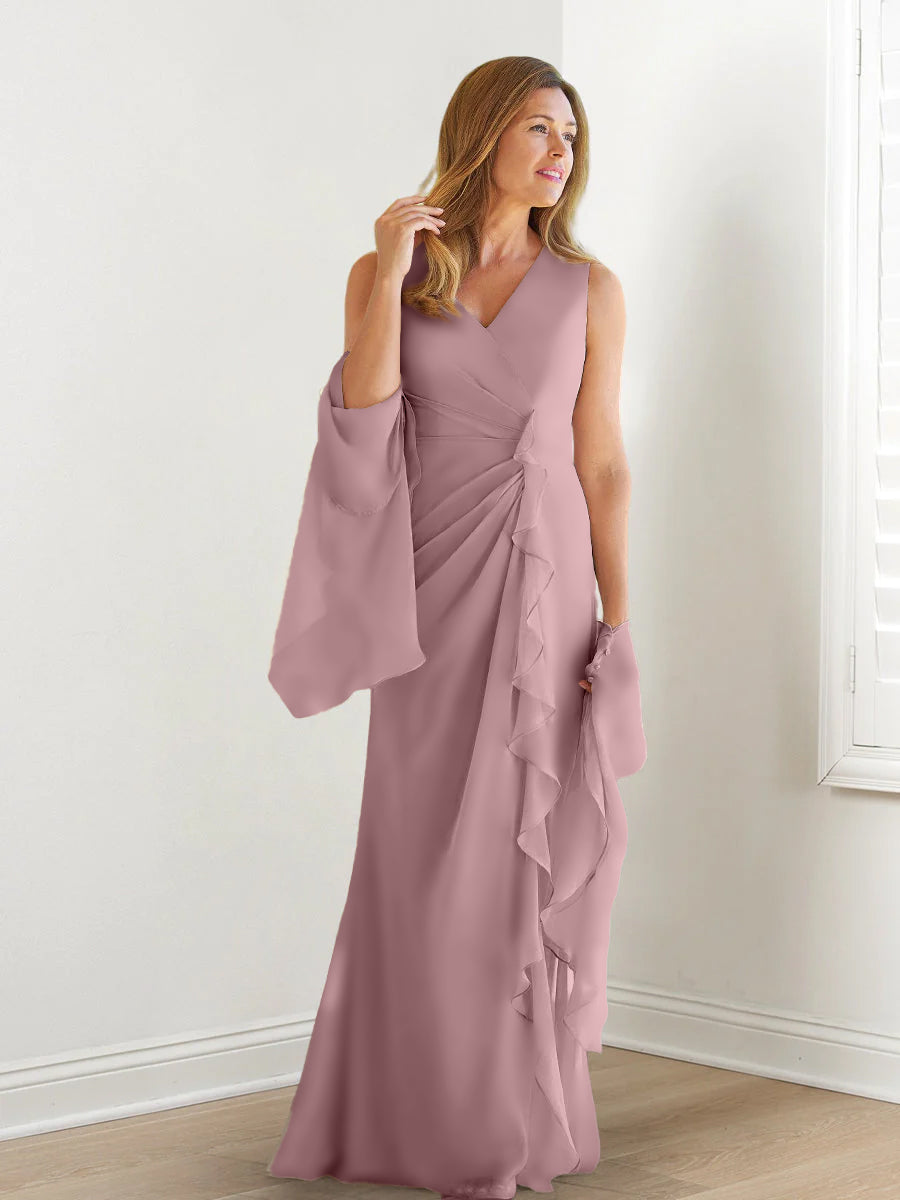 V Neck Sleeveless Long Mother of the Bride Gown with Wraps & Ruffles