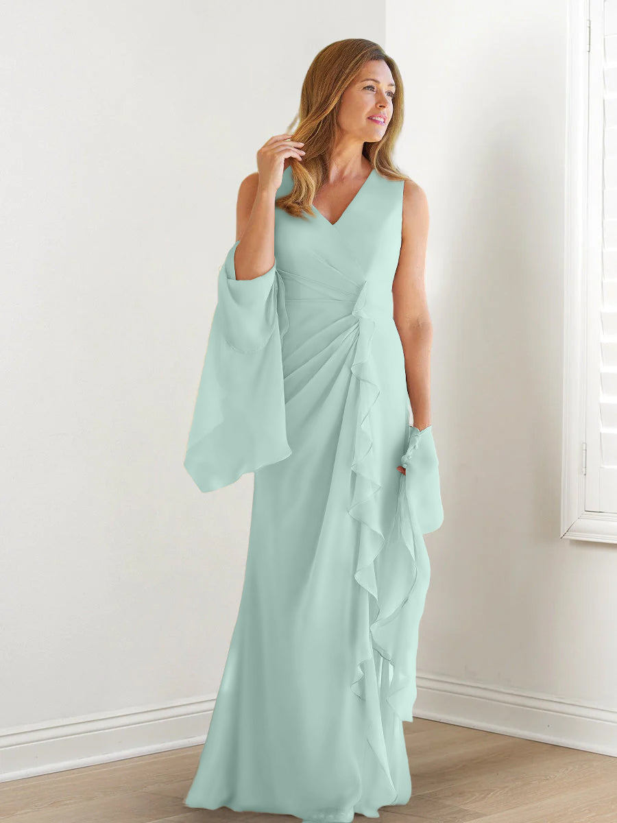 V Neck Sleeveless Long Mother of the Bride Gown with Wraps & Ruffles