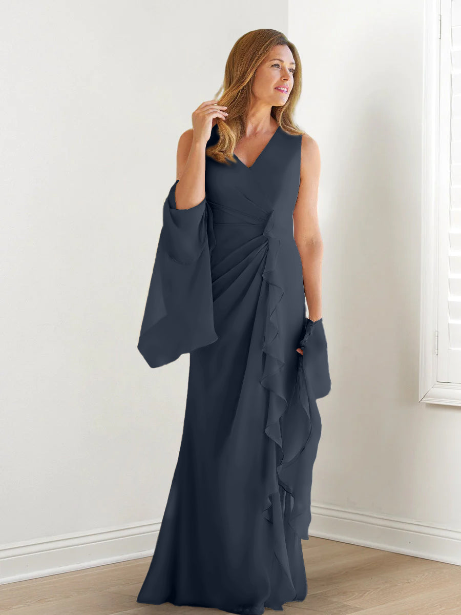 V Neck Sleeveless Long Mother of the Bride Gown with Wraps & Ruffles