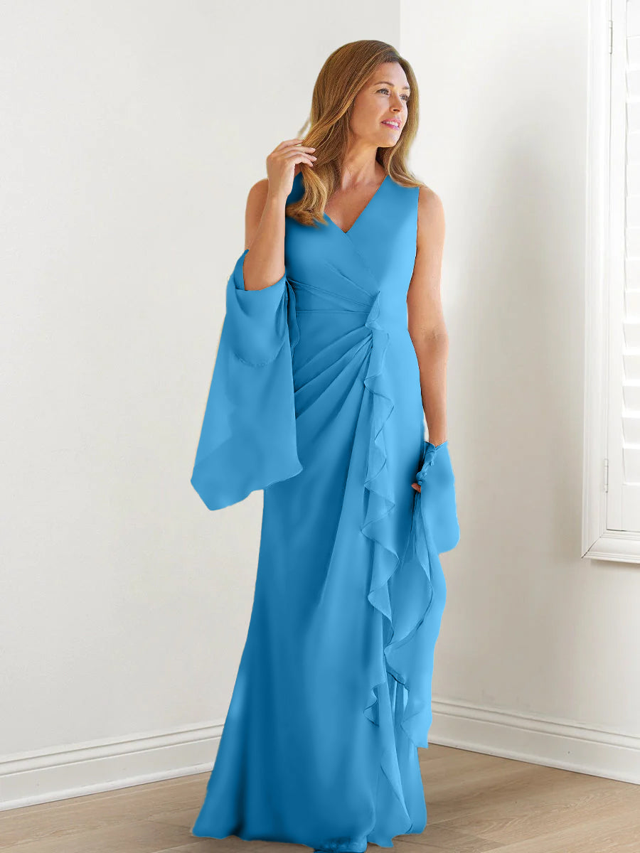 V Neck Sleeveless Long Mother of the Bride Gown with Wraps & Ruffles