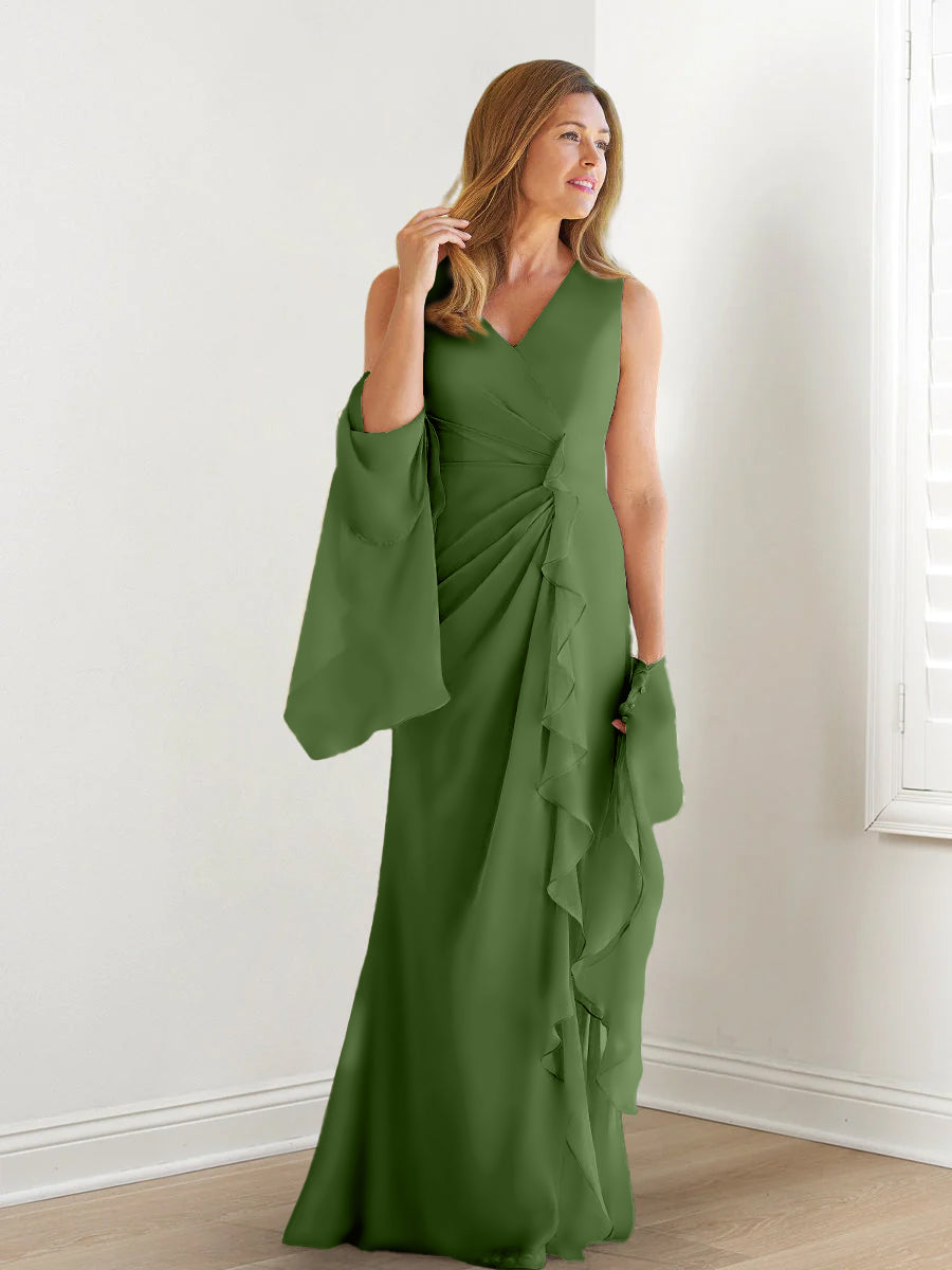 V Neck Sleeveless Long Mother of the Bride Gown with Wraps & Ruffles
