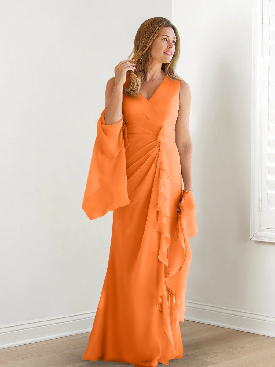 V Neck Sleeveless Long Mother of the Bride Gown with Wraps & Ruffles