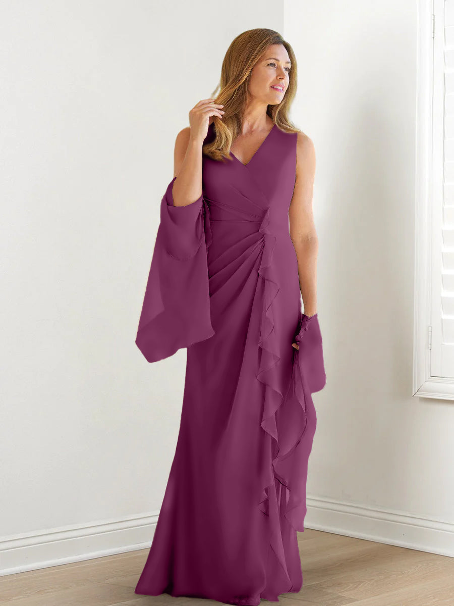 V Neck Sleeveless Long Mother of the Bride Gown with Wraps & Ruffles