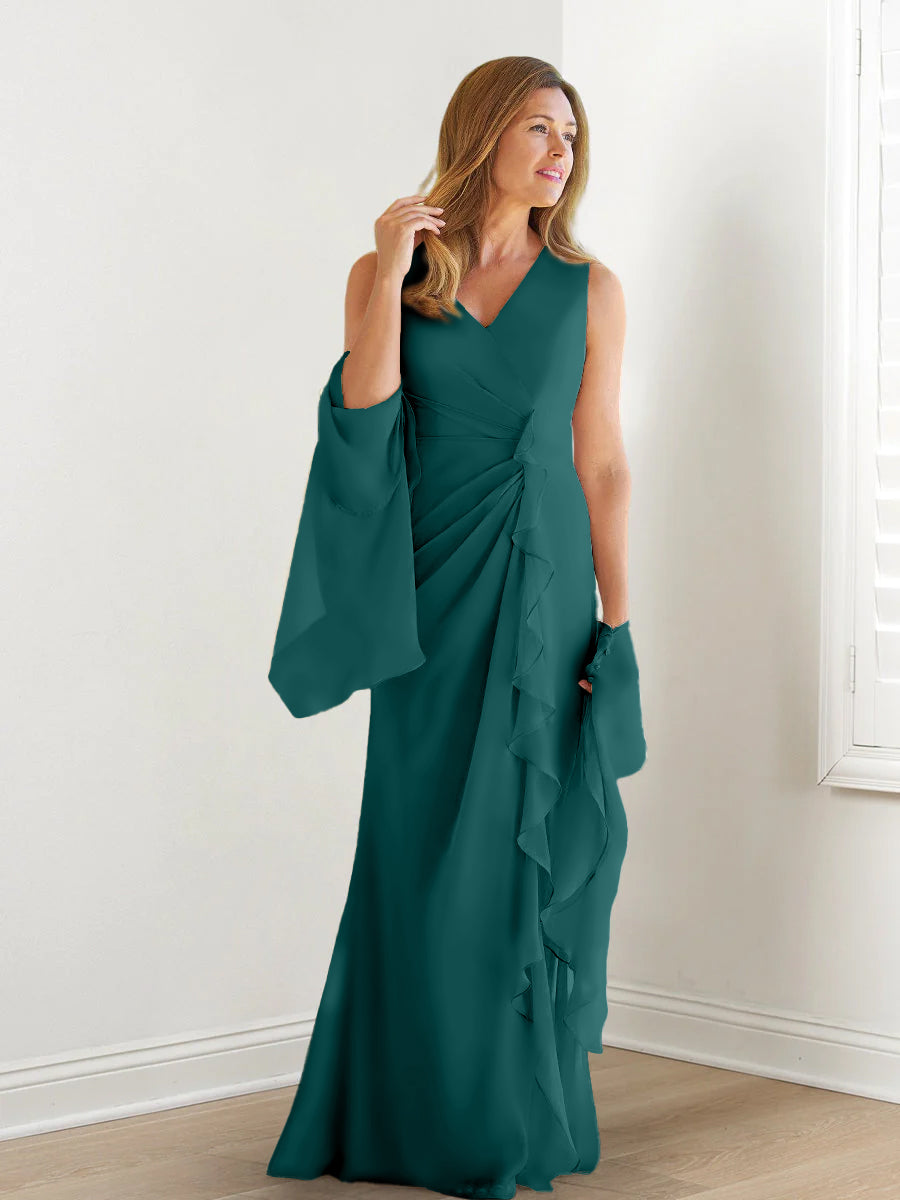 V Neck Sleeveless Long Mother of the Bride Gown with Wraps & Ruffles