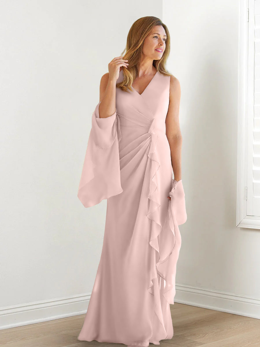V Neck Sleeveless Long Mother of the Bride Gown with Wraps & Ruffles