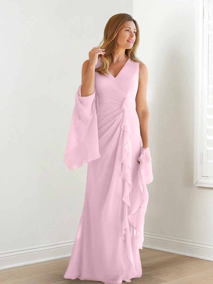 V Neck Sleeveless Long Mother of the Bride Gown with Wraps & Ruffles
