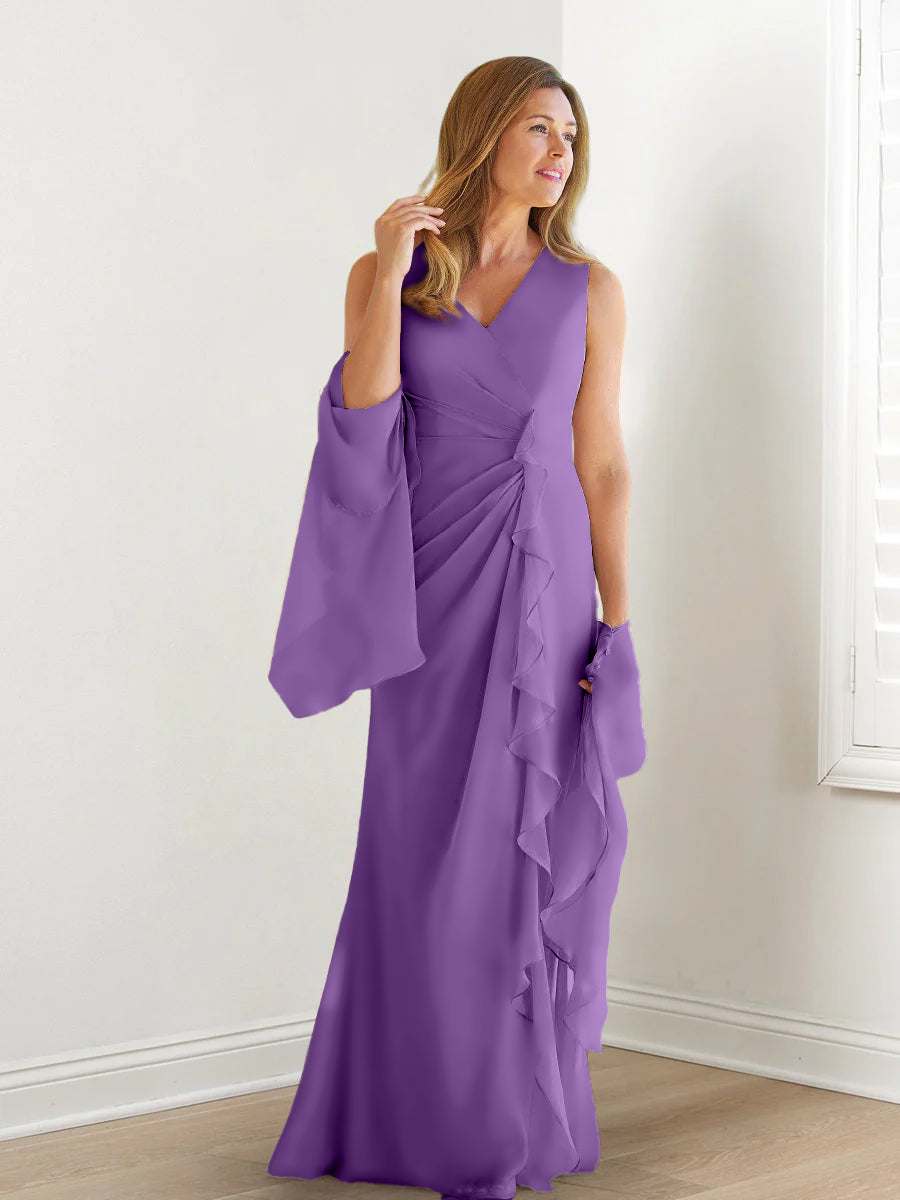 V Neck Sleeveless Long Mother of the Bride Gown with Wraps & Ruffles