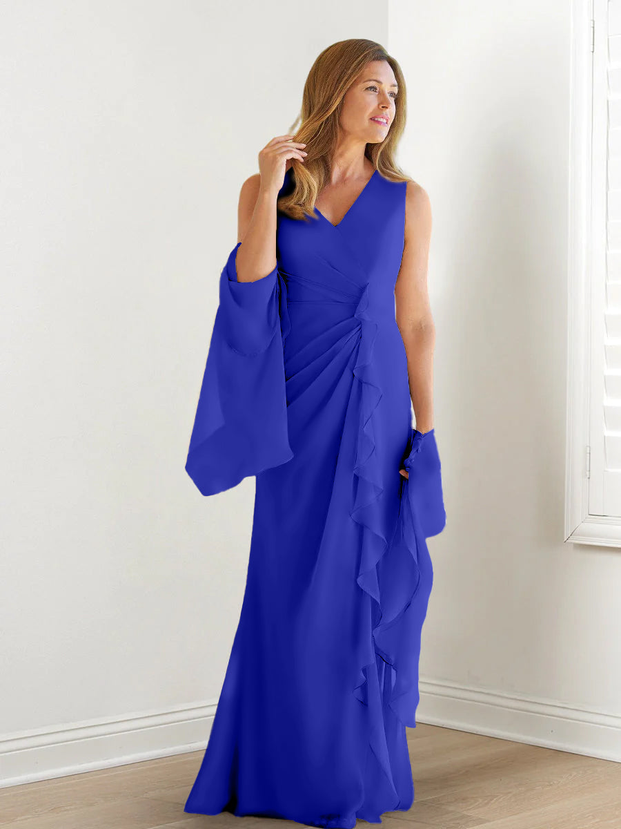V Neck Sleeveless Long Mother of the Bride Gown with Wraps & Ruffles