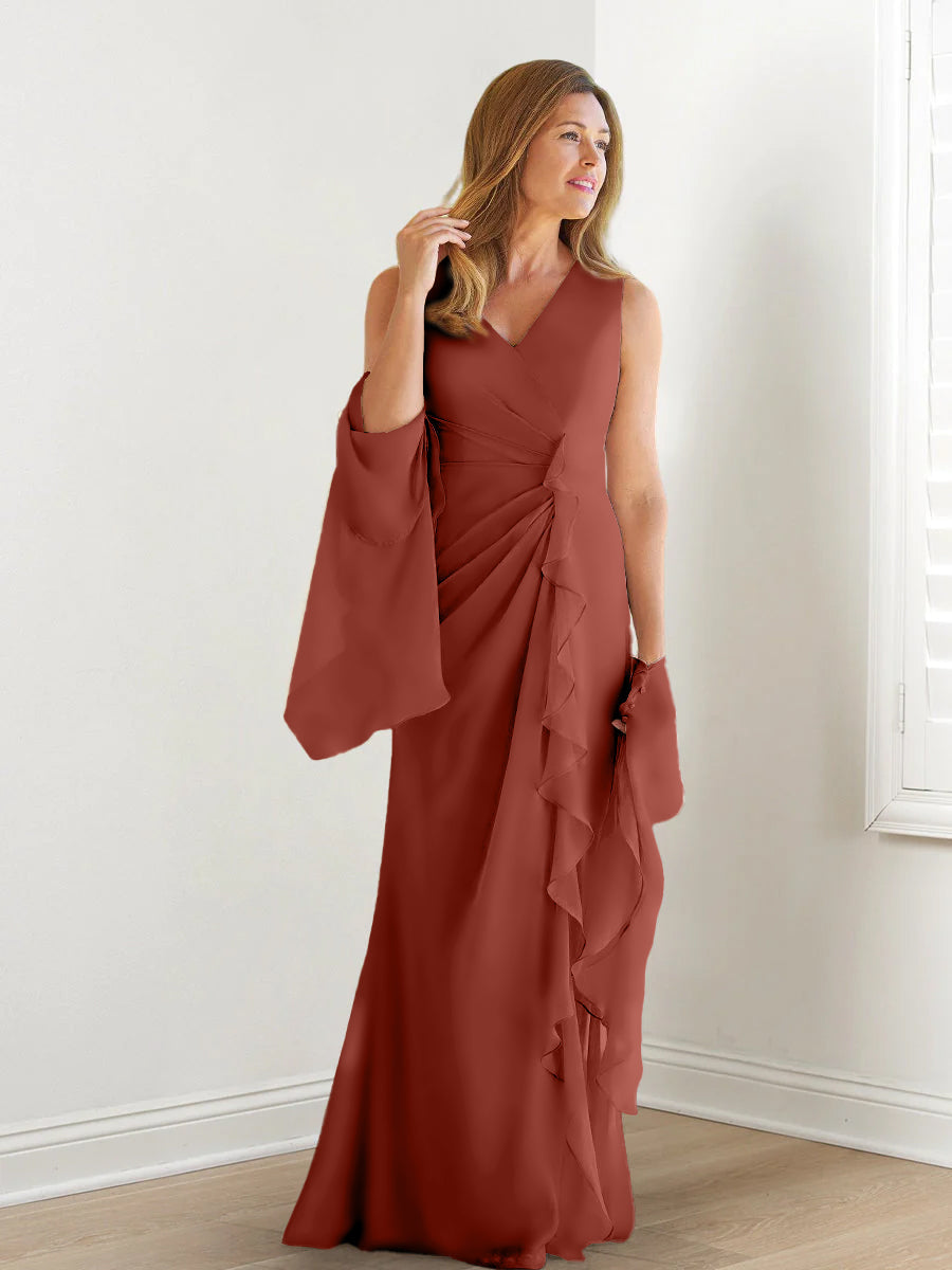 V Neck Sleeveless Long Mother of the Bride Gown with Wraps & Ruffles