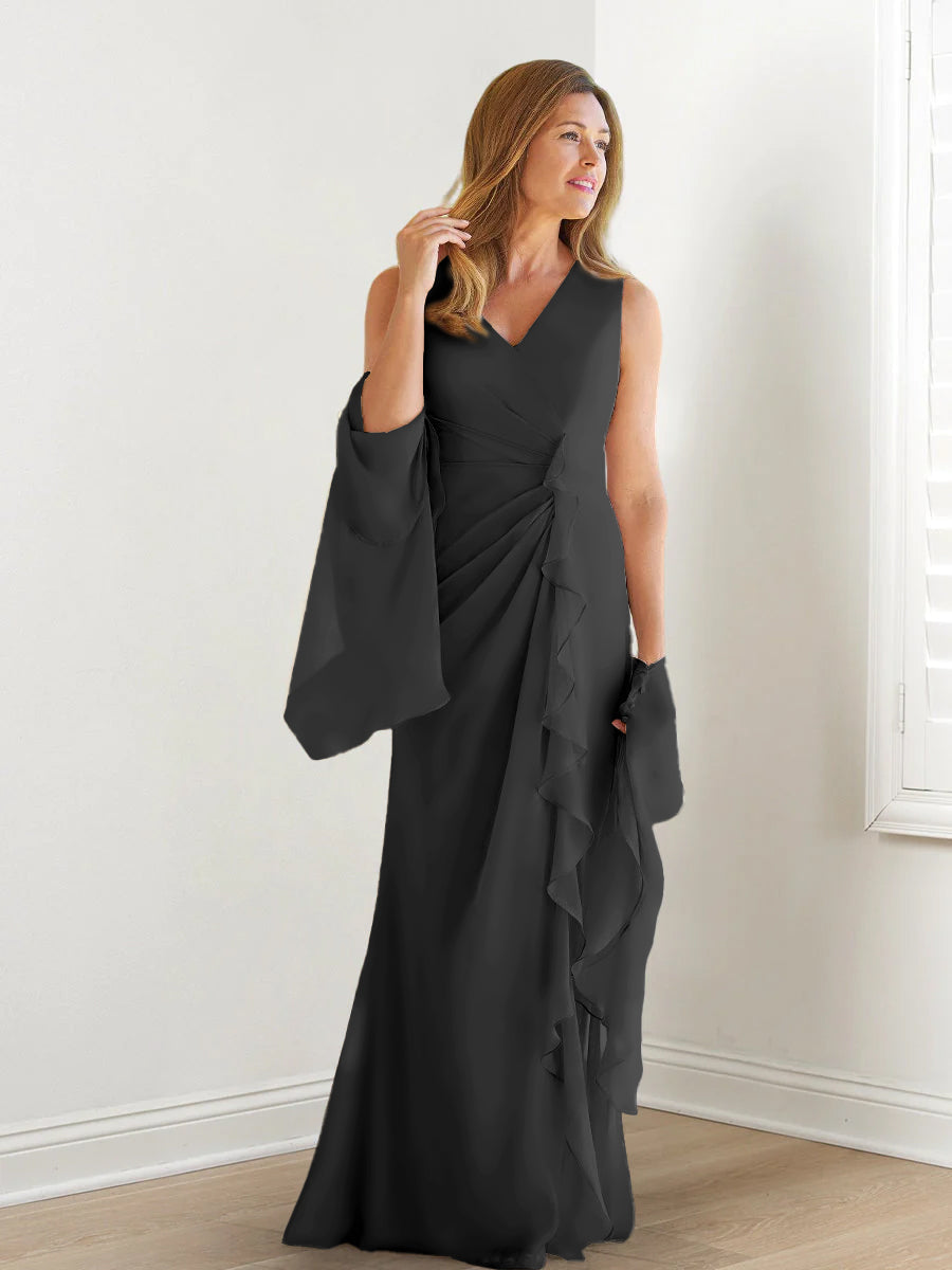 V Neck Sleeveless Long Mother of the Bride Gown with Wraps & Ruffles