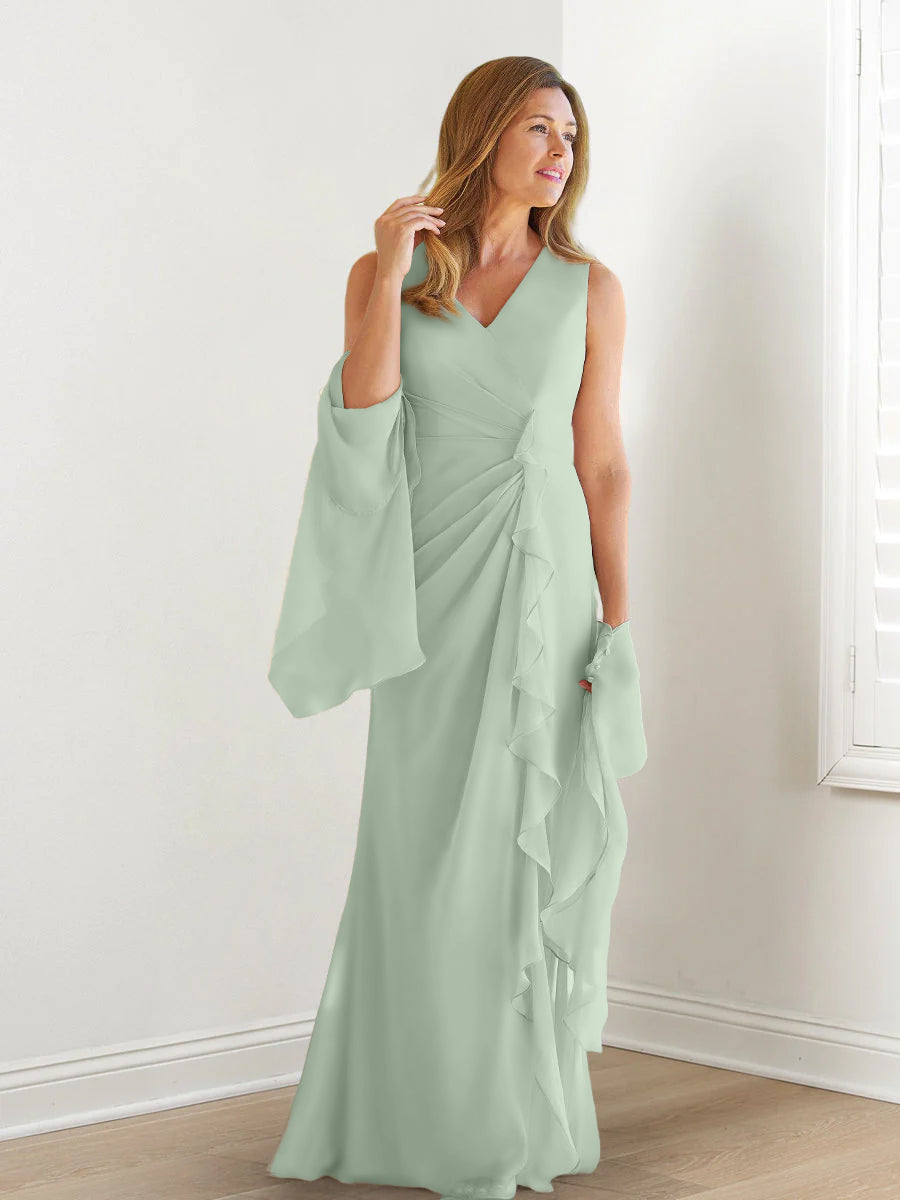 V Neck Sleeveless Long Mother of the Bride Gown with Wraps & Ruffles