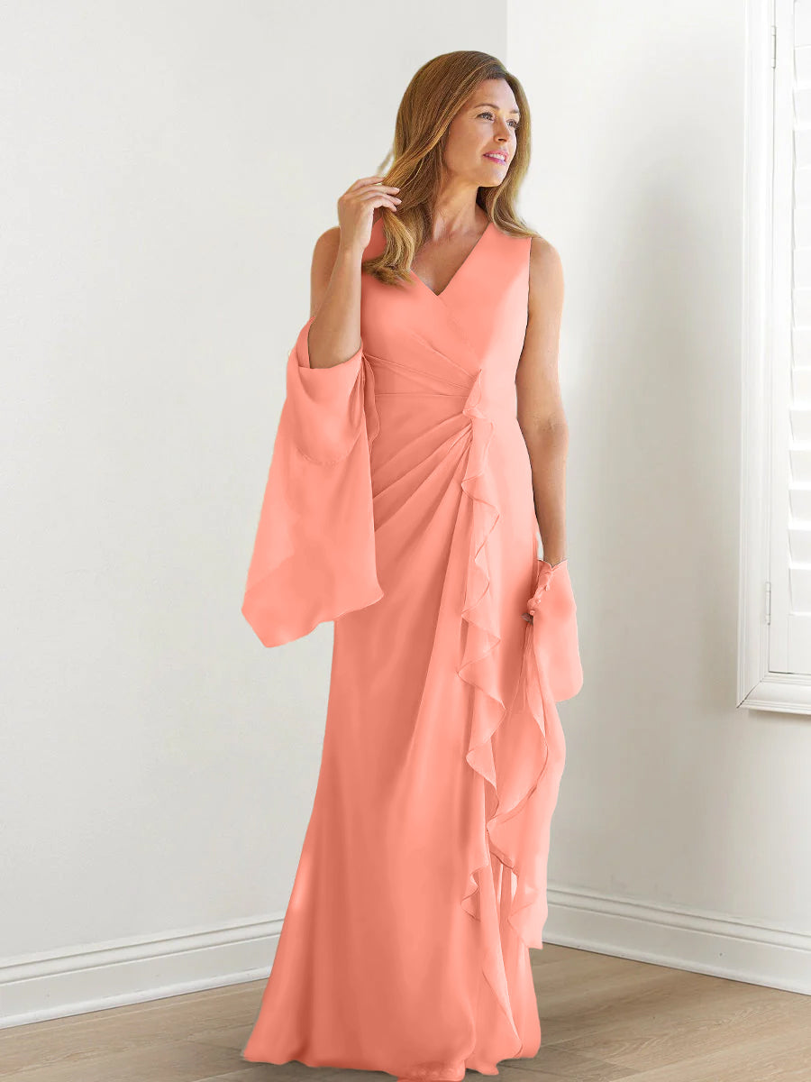 V Neck Sleeveless Long Mother of the Bride Gown with Wraps & Ruffles