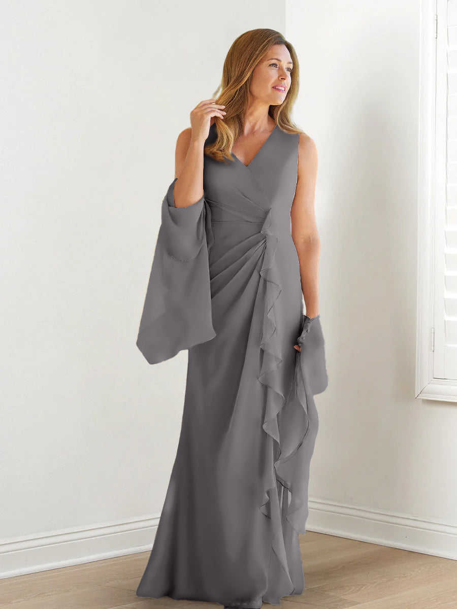 V Neck Sleeveless Long Mother of the Bride Gown with Wraps & Ruffles