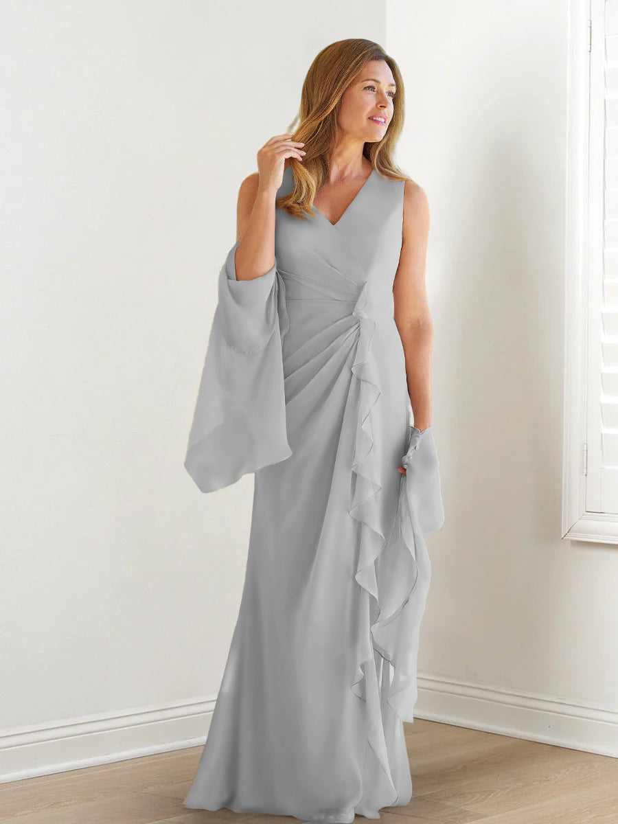 V Neck Sleeveless Long Mother of the Bride Gown with Wraps & Ruffles