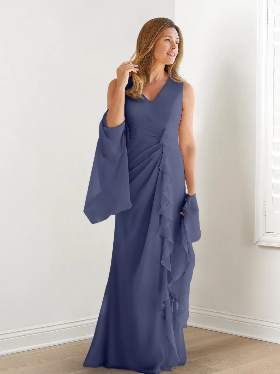 V Neck Sleeveless Long Mother of the Bride Gown with Wraps & Ruffles