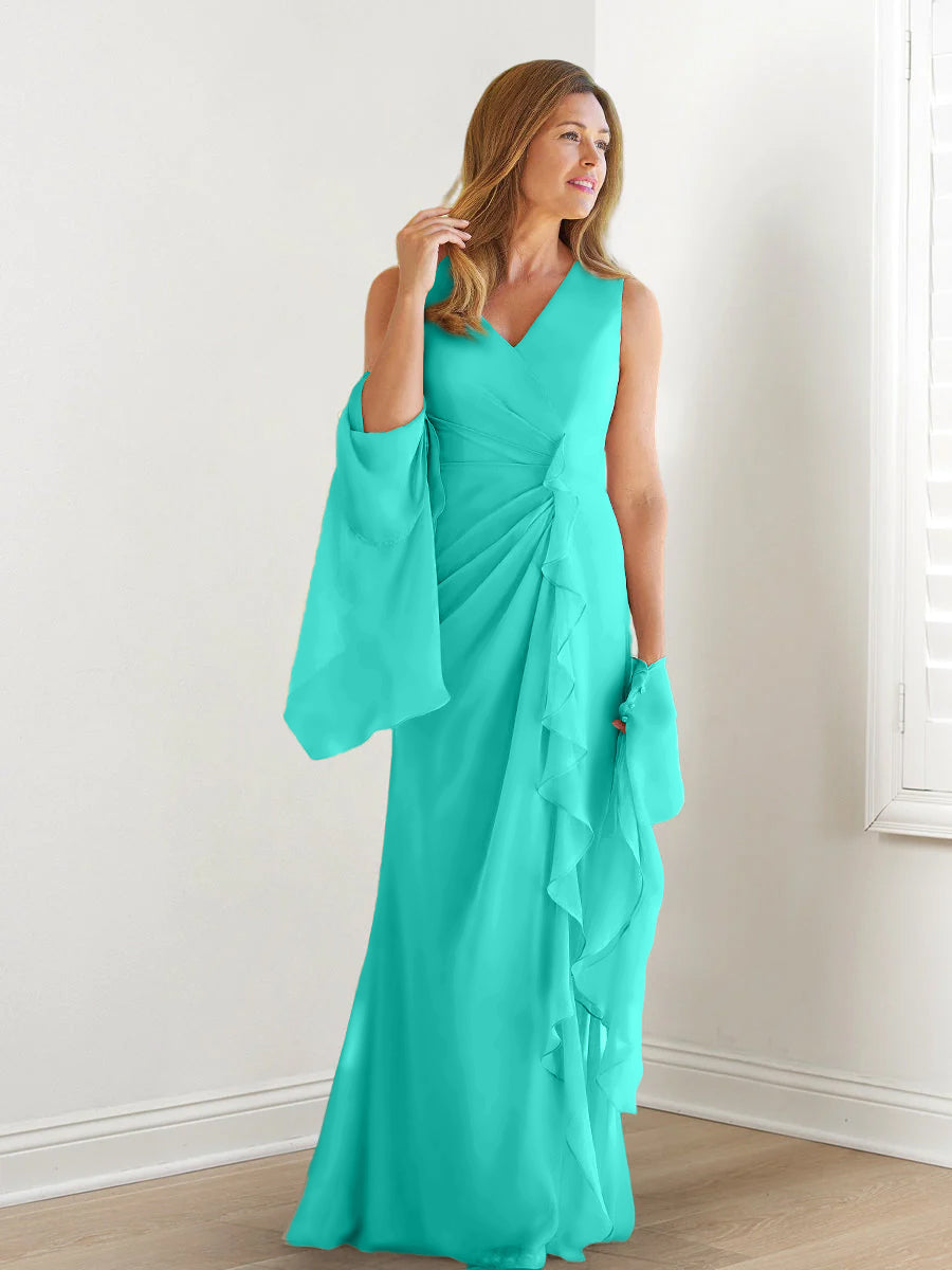 V Neck Sleeveless Long Mother of the Bride Gown with Wraps & Ruffles