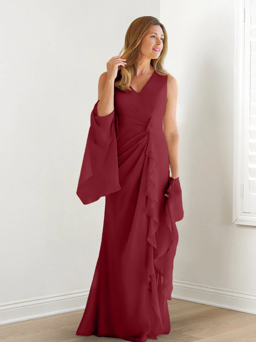 V Neck Sleeveless Long Mother of the Bride Gown with Wraps & Ruffles