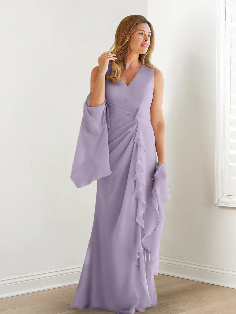 V Neck Sleeveless Long Mother of the Bride Gown with Wraps & Ruffles