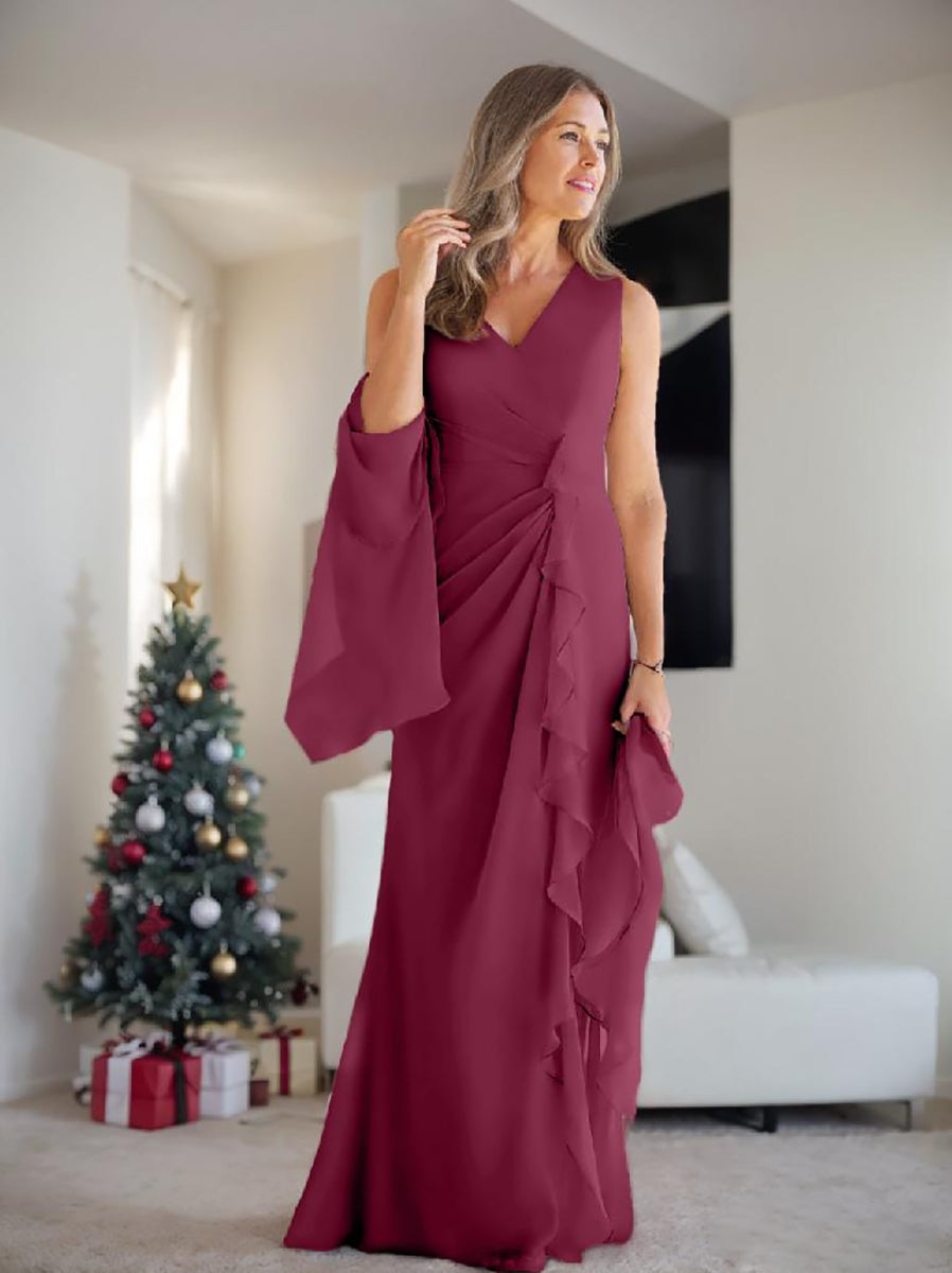 V Neck Sleeveless Long Mother of the Bride Gown with Wraps & Ruffles
