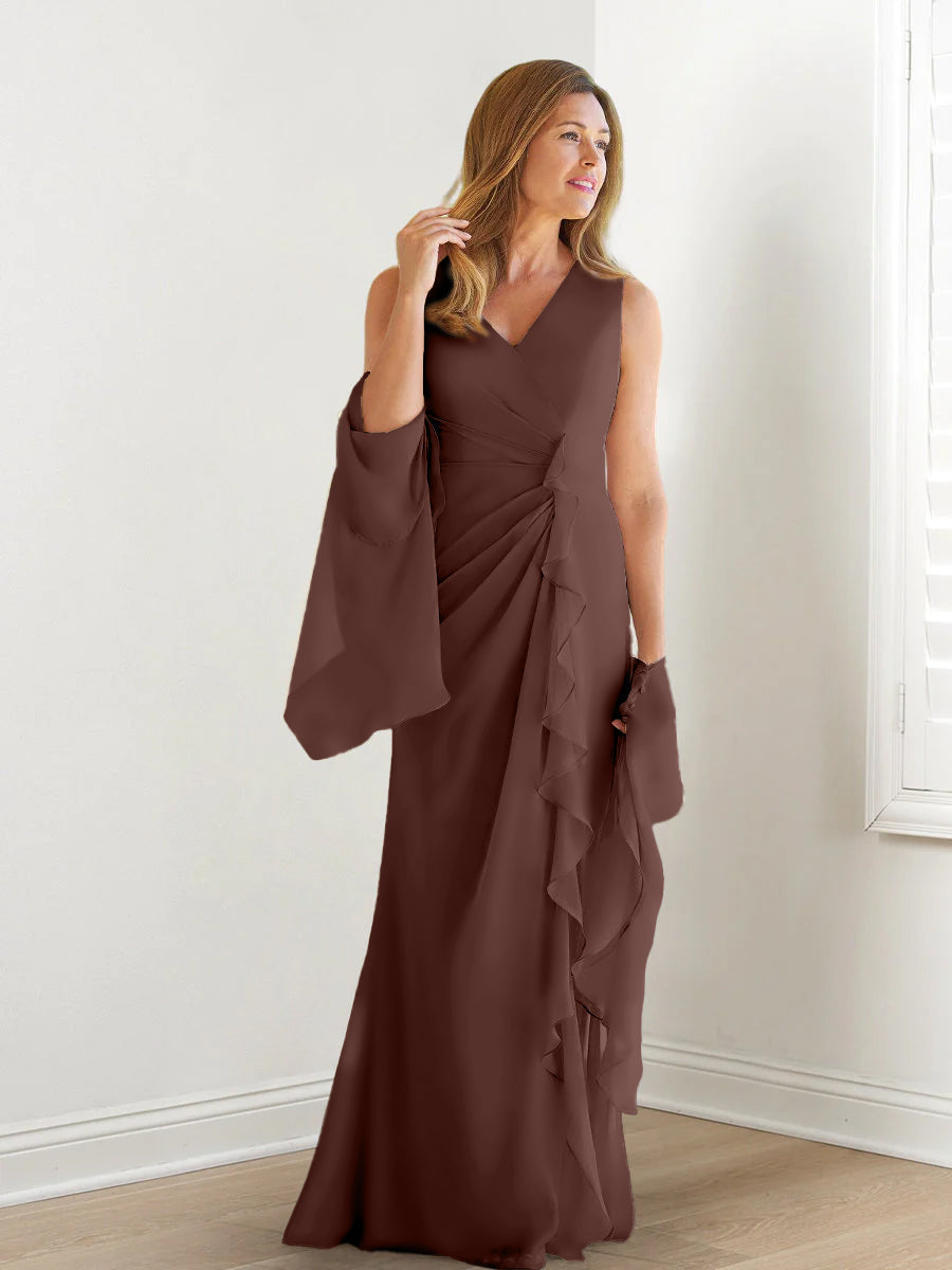 V Neck Sleeveless Long Mother of the Bride Gown with Wraps & Ruffles