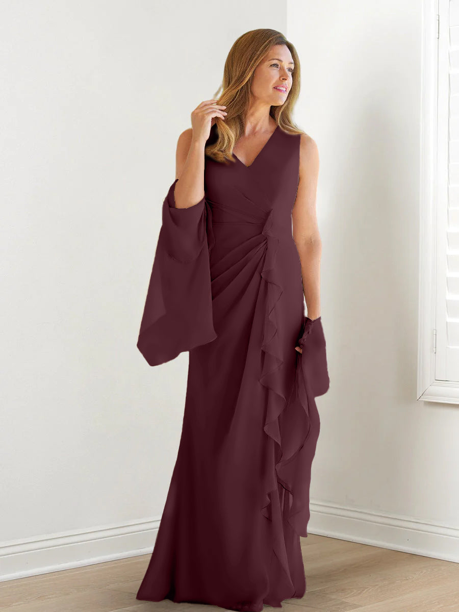 V Neck Sleeveless Long Mother of the Bride Gown with Wraps & Ruffles