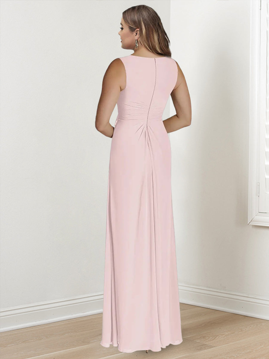 V Neck Sleeveless Plus Size Long Mother of the Bride Sheath Dress with Wrap