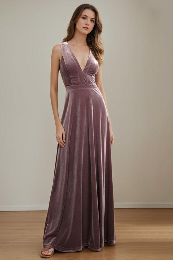 V Neck Sleeveless Velvet Mother of the Bride A Line Long Dress