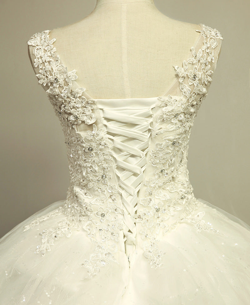 V-Neck Stunning Crystal  Wedding Dresses Floor Length Ball Gown Lace-Up Charming Bridal Gowns