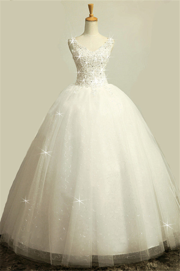 V-Neck Stunning Crystal  Wedding Dresses Floor Length Ball Gown Lace-Up Charming Bridal Gowns