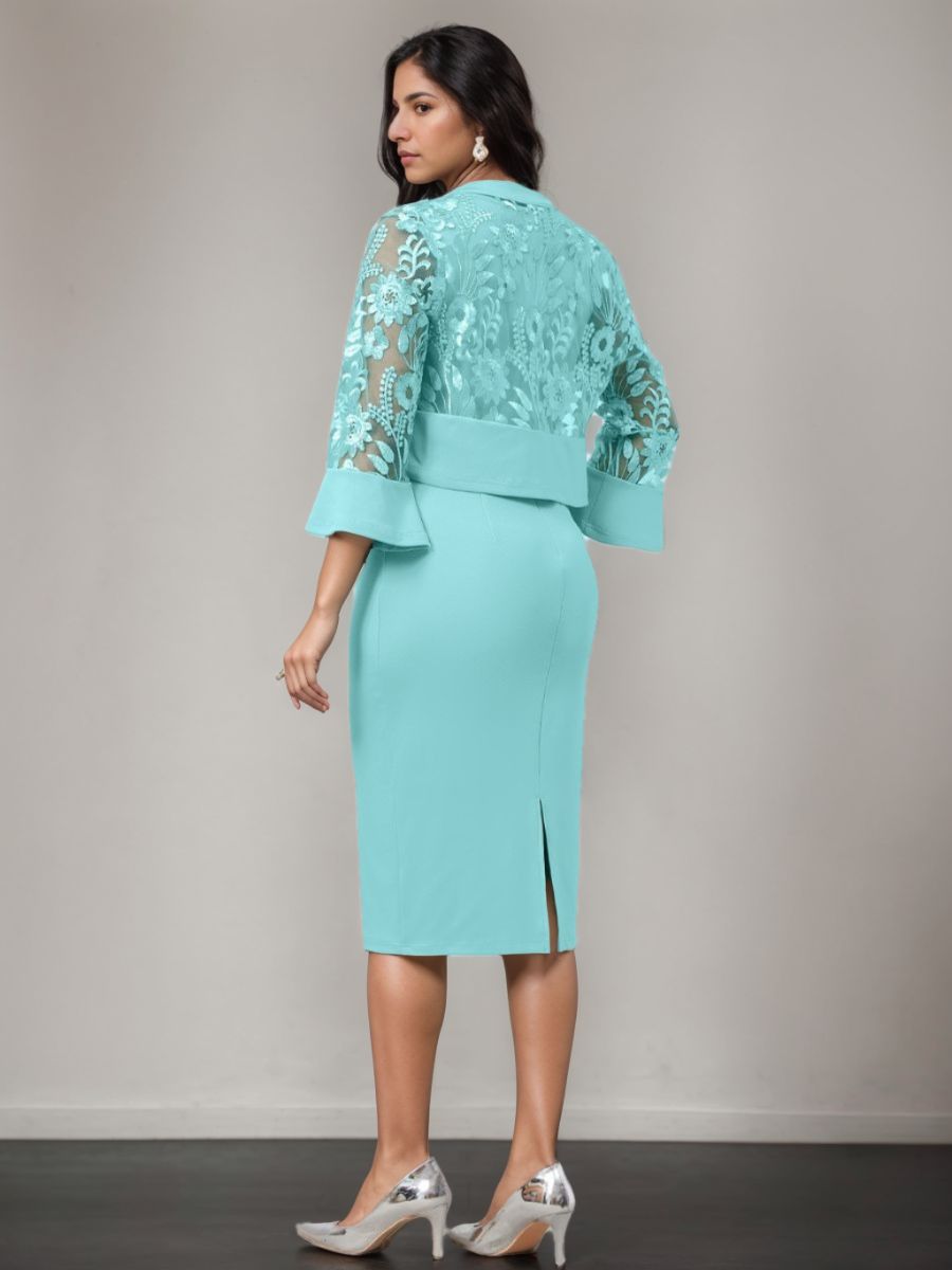 V Neck Tea Length Mother of the Bride Sheath Column Dress with Appliques and Jacket