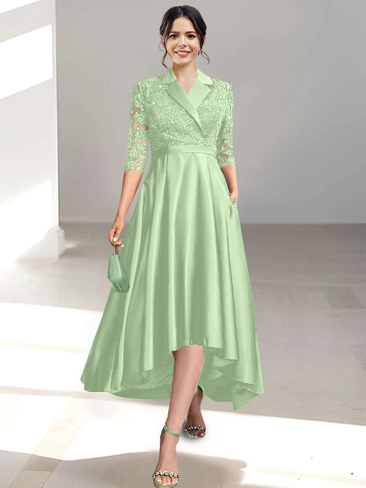 V Neck Tea Length Sheath Column Dress for the Mother of the Bride