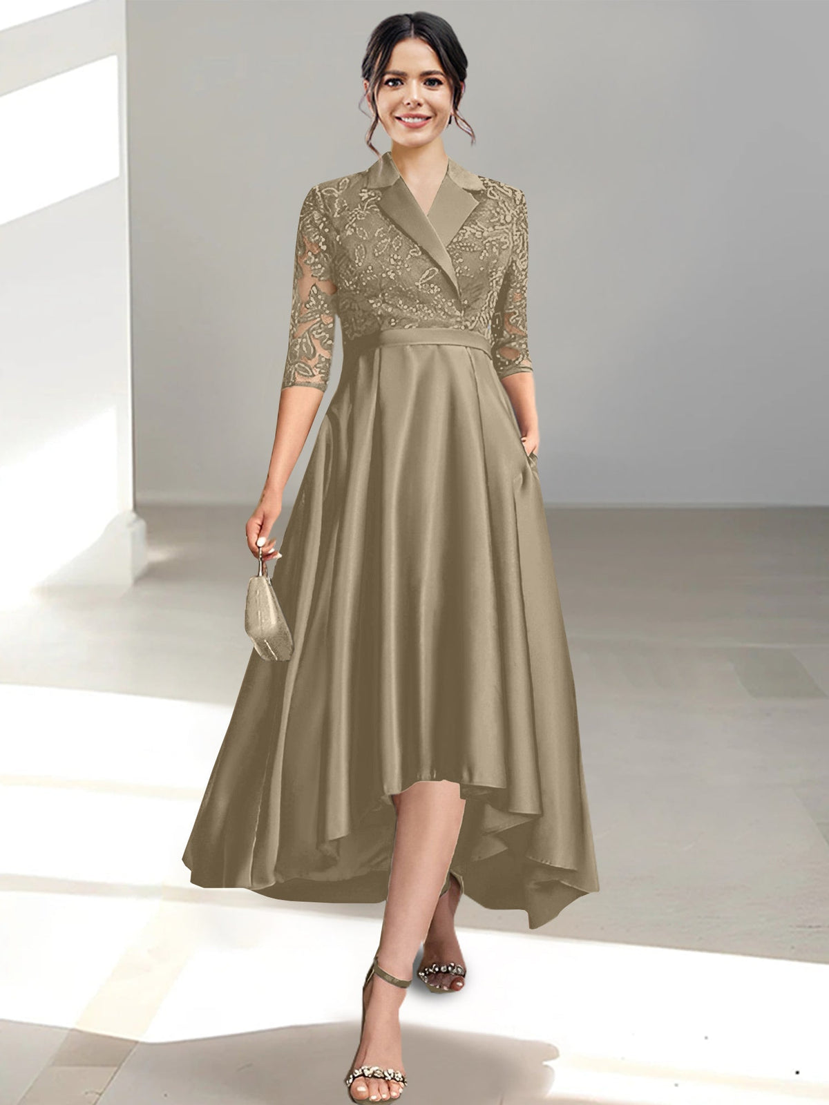 V Neck Tea Length Sheath Column Dress for the Mother of the Bride