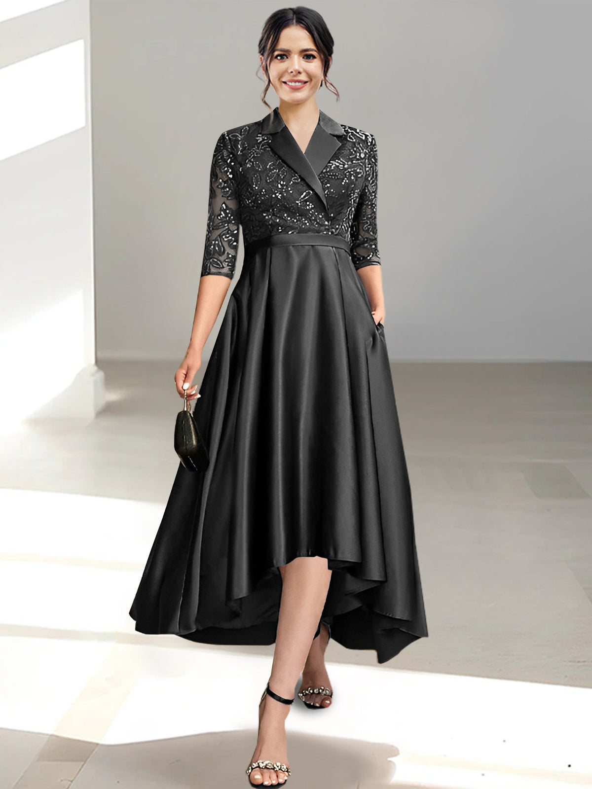 V Neck Tea Length Sheath Column Dress for the Mother of the Bride