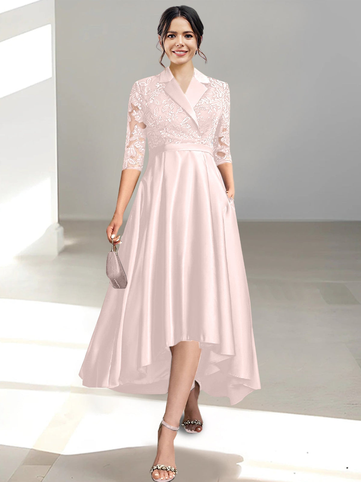 V Neck Tea Length Sheath Column Dress for the Mother of the Bride